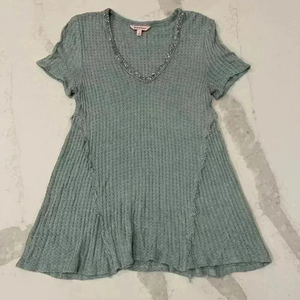 JUICY COUTURE Waffle Metallic Embellished V-Neck T-Shirt Mint Green Womens Small